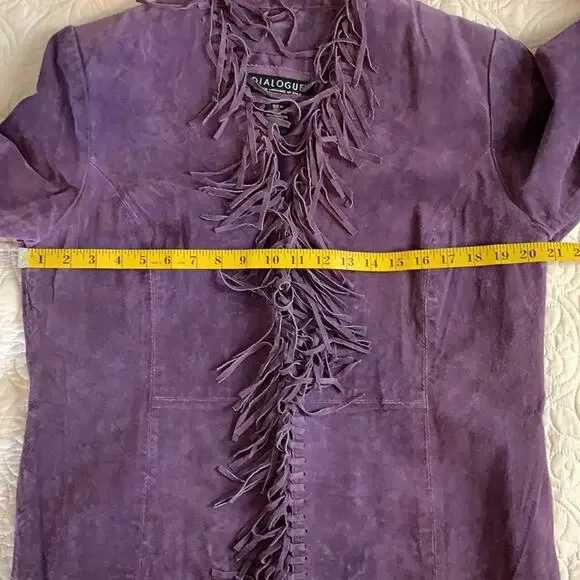 Dialogue purple 100% leather fringed jacket shoulder pads fully lined size M - Picture 7 of 8